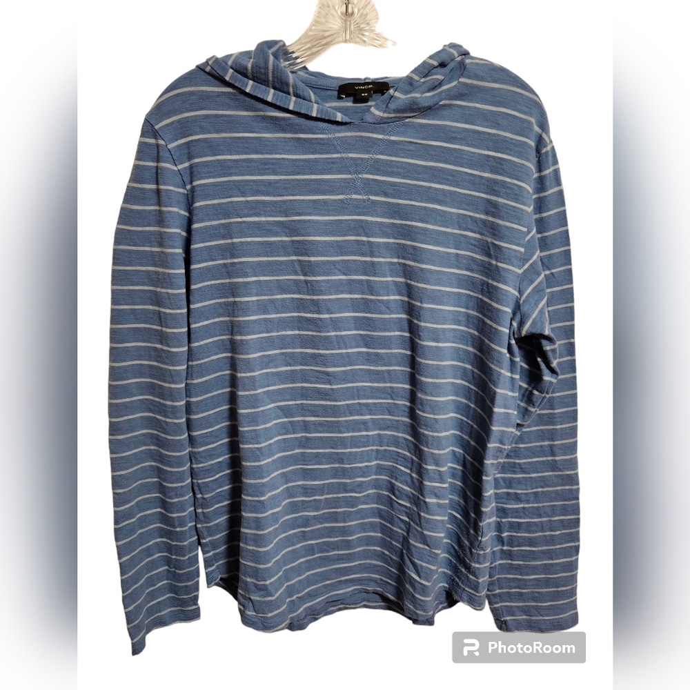 Mens VINCE Cotton Striped Pullover Hoodie Blue Ocean/Glacier Size M